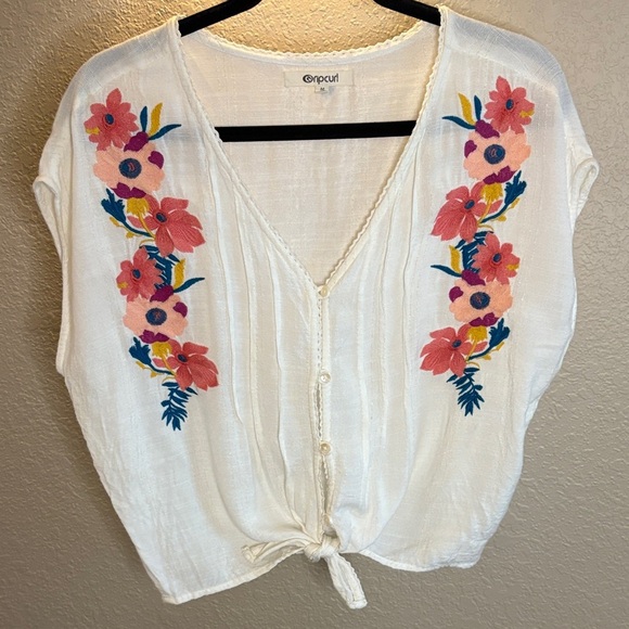 Rip Curl Ivory with Pink and Blue Floral Embroidery Tie Top/ Size medium - Picture 1 of 9